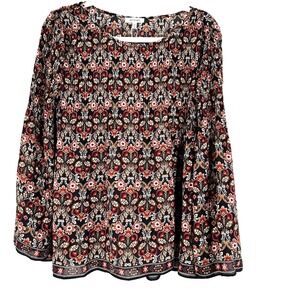 Max Studio Fall Colors Floral Print Peasant Blouse Women's Large Brown Flowy NEW
